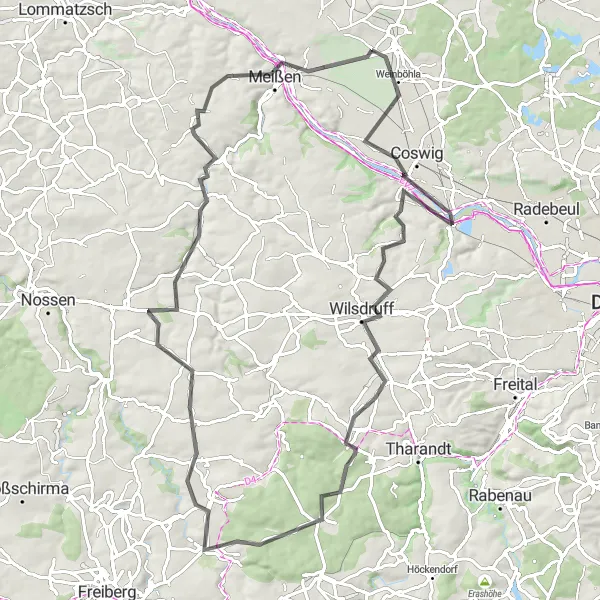 Map miniature of "Wine Tasting and Bocksberg Challenge" cycling inspiration in Dresden, Germany. Generated by Tarmacs.app cycling route planner