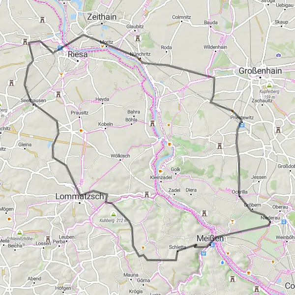 Map miniature of "Historic Meissen and the Gröbern Challenge" cycling inspiration in Dresden, Germany. Generated by Tarmacs.app cycling route planner