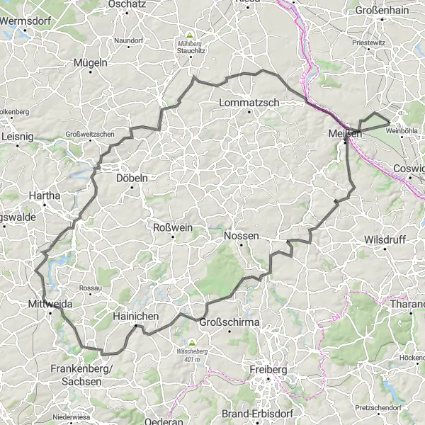 Map miniature of "The Ultimate Road Circuit" cycling inspiration in Dresden, Germany. Generated by Tarmacs.app cycling route planner