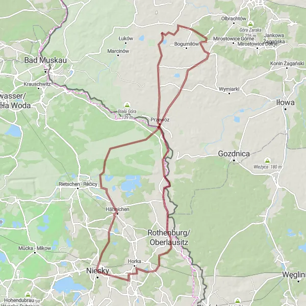 Map miniature of "Hähnichen - Rothenburg/Oberlausitz Gravel Route" cycling inspiration in Dresden, Germany. Generated by Tarmacs.app cycling route planner