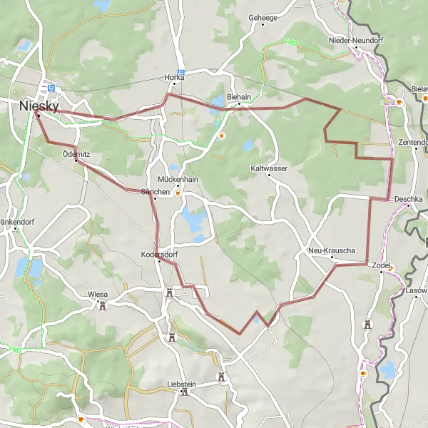 Map miniature of "Gravel Adventure from Niesky to Ödernitz" cycling inspiration in Dresden, Germany. Generated by Tarmacs.app cycling route planner