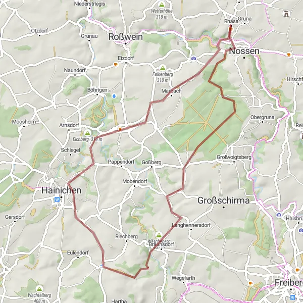 Map miniature of "Nossen Gravel Adventure" cycling inspiration in Dresden, Germany. Generated by Tarmacs.app cycling route planner