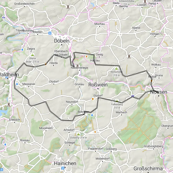 Map miniature of "Klosterpark Altzella and Schloss Nossen Road Cycling Route" cycling inspiration in Dresden, Germany. Generated by Tarmacs.app cycling route planner