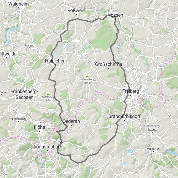 Map miniature of "Rodigt to Klosterpark Altzella Road Loop" cycling inspiration in Dresden, Germany. Generated by Tarmacs.app cycling route planner