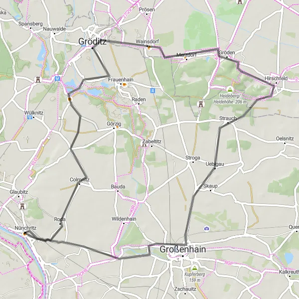 Map miniature of "Gröditz and Großenhain Loop" cycling inspiration in Dresden, Germany. Generated by Tarmacs.app cycling route planner