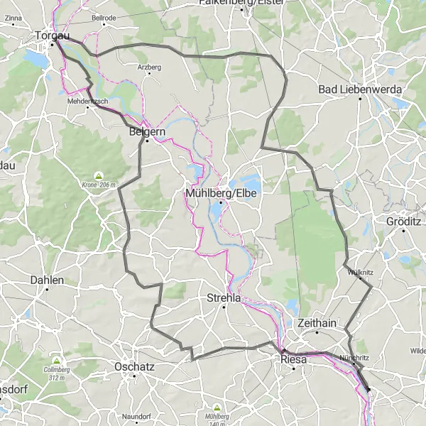 Karten-Miniaturansicht der Radinspiration "Rundkurs durch Riesa und Umgebung" in Dresden, Germany. Erstellt vom Tarmacs.app-Routenplaner für Radtouren