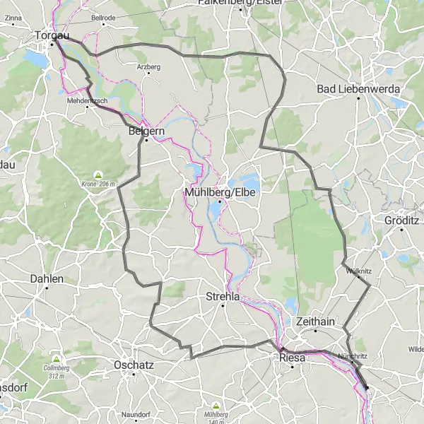 Map miniature of "The Rugged Road Thrill: Nünchritz Circuit" cycling inspiration in Dresden, Germany. Generated by Tarmacs.app cycling route planner