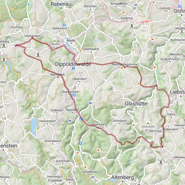 Map miniature of "The Gravel Path: A Journey through Obercarsdorf and Kirchblick" cycling inspiration in Dresden, Germany. Generated by Tarmacs.app cycling route planner