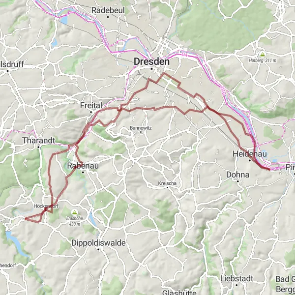 Map miniature of "Gravel Adventure: From Backofenfelsen to Lübau" cycling inspiration in Dresden, Germany. Generated by Tarmacs.app cycling route planner