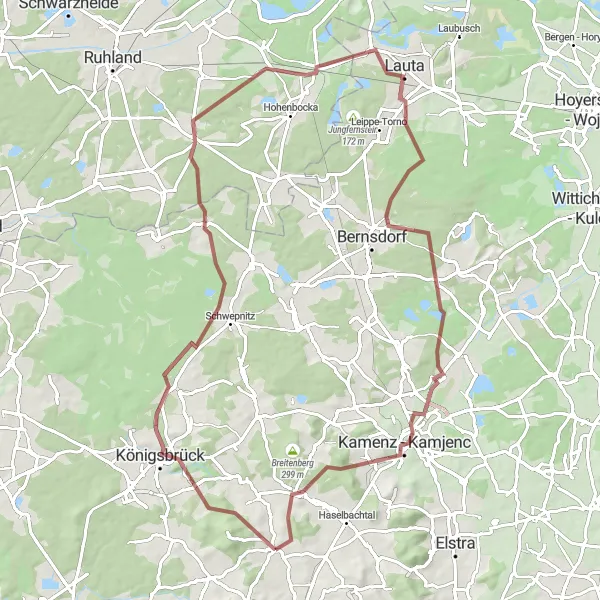 Map miniature of "Keulenberg and Kamenz Gravel Route" cycling inspiration in Dresden, Germany. Generated by Tarmacs.app cycling route planner