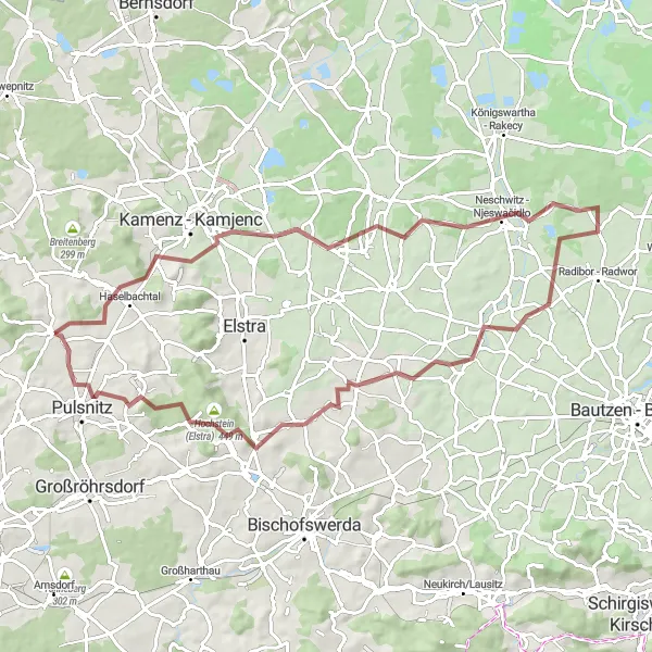 Map miniature of "Haselbachtal and Pulsnitz Gravel Route" cycling inspiration in Dresden, Germany. Generated by Tarmacs.app cycling route planner