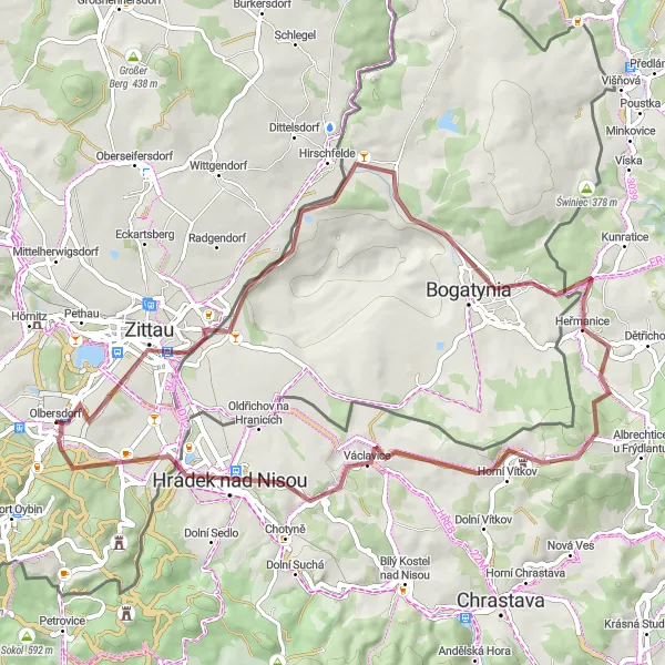 Karten-Miniaturansicht der Radinspiration "Gravel-Tour durch Zittau und Hrádek nad Nisou" in Dresden, Germany. Erstellt vom Tarmacs.app-Routenplaner für Radtouren