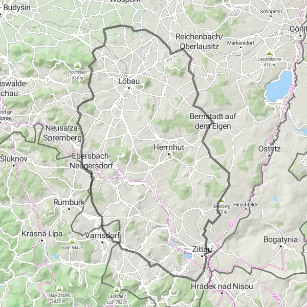 Karten-Miniaturansicht der Radinspiration "Hügeliges Roadcycling von Olbersdorf nach Zittau" in Dresden, Germany. Erstellt vom Tarmacs.app-Routenplaner für Radtouren