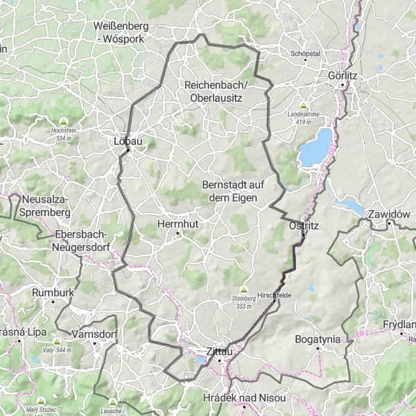 Map miniature of "Cycling the Löbau Hills" cycling inspiration in Dresden, Germany. Generated by Tarmacs.app cycling route planner