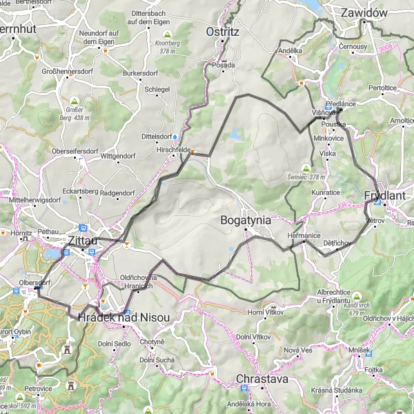 Map miniature of "Zittau to Hrádek nad Nisou Road Route" cycling inspiration in Dresden, Germany. Generated by Tarmacs.app cycling route planner