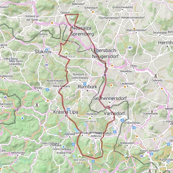 Map miniature of "Journey to Jiříkov" cycling inspiration in Dresden, Germany. Generated by Tarmacs.app cycling route planner