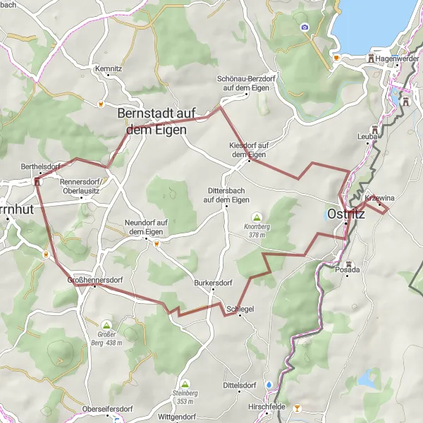 Map miniature of "Ostritz - Krzewina - Sandberg - Eisberg - Bernstadt auf dem Eigen - Ostritz" cycling inspiration in Dresden, Germany. Generated by Tarmacs.app cycling route planner