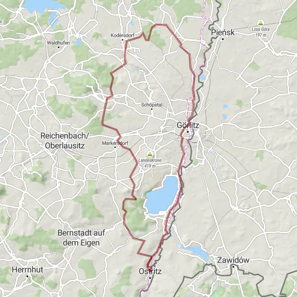 Map miniature of "Ostritz - Jauernicker Berg - Pfaffendorf - Oberlausitzblick - Kodersdorf - Görlitz - Weinbergturm - Hofeberg - Ostritz" cycling inspiration in Dresden, Germany. Generated by Tarmacs.app cycling route planner