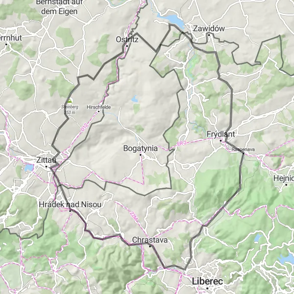 Map miniature of "Ostritz - Kamieniec - Pertoltice - Frýdlant - Kopřivník - Chrastava - Chotyně - Zittau - Steinberg - Kesselstein - Evangelisches Schul- und Bethaus" cycling inspiration in Dresden, Germany. Generated by Tarmacs.app cycling route planner