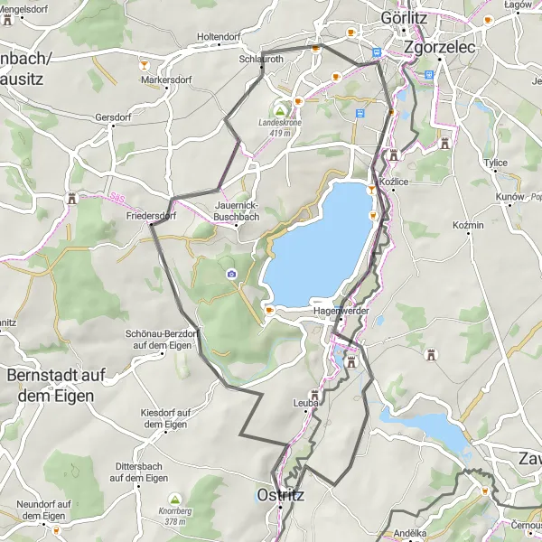 Map miniature of "Ostritz - Weinhübel - Koźlice - Radomierzyce - Krzewina" cycling inspiration in Dresden, Germany. Generated by Tarmacs.app cycling route planner