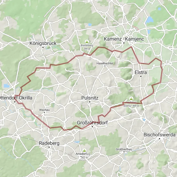 Map miniature of "Gravel Adventure: Ottendorf-Okrilla to Großröhrsdorf" cycling inspiration in Dresden, Germany. Generated by Tarmacs.app cycling route planner