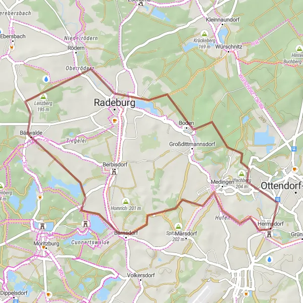 Map miniature of "Leuchtturm Trail: Ottendorf-Okrilla to Hermsdorf" cycling inspiration in Dresden, Germany. Generated by Tarmacs.app cycling route planner