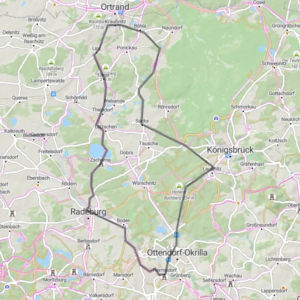 Map miniature of "Ottendorf-Okrilla to Birkhübel" cycling inspiration in Dresden, Germany. Generated by Tarmacs.app cycling route planner