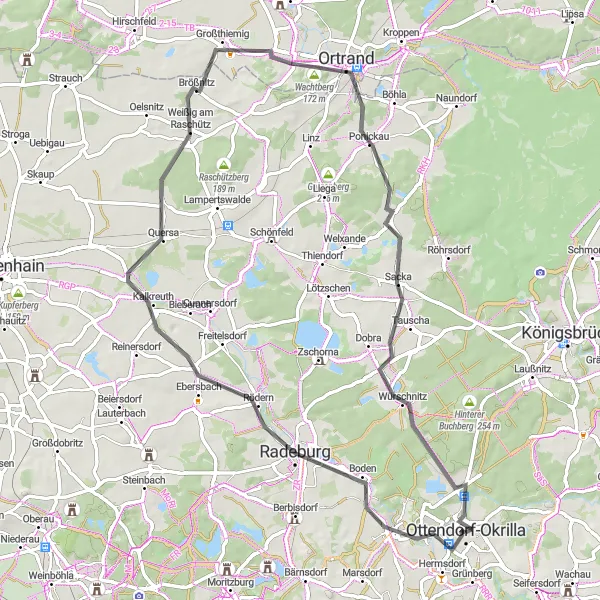 Map miniature of "Ottendorf-Okrilla and Surrounding Hills" cycling inspiration in Dresden, Germany. Generated by Tarmacs.app cycling route planner