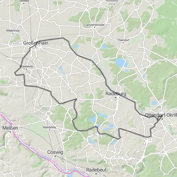 Map miniature of "Road Cycling: Ottendorf-Okrilla to Moritzburg" cycling inspiration in Dresden, Germany. Generated by Tarmacs.app cycling route planner