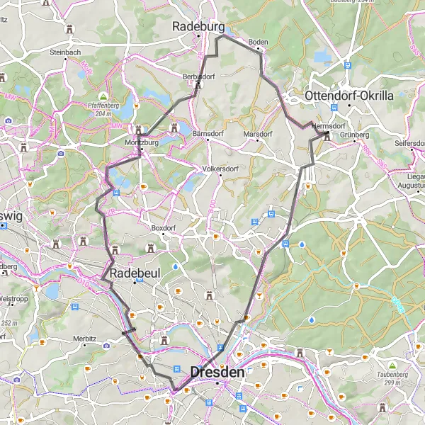 Map miniature of "Historic Villages and Scenic Hills" cycling inspiration in Dresden, Germany. Generated by Tarmacs.app cycling route planner