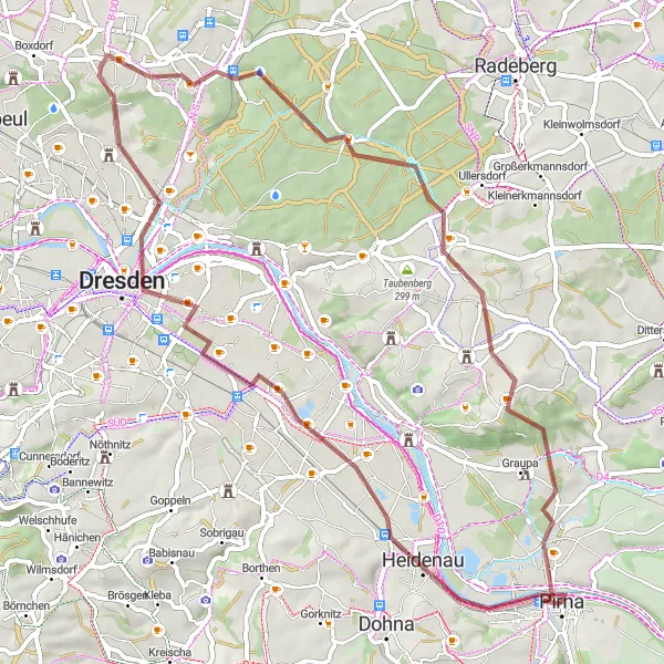 Karten-Miniaturansicht der Radinspiration "Gravel-Rundfahrt von Pirna nach Dresden" in Dresden, Germany. Erstellt vom Tarmacs.app-Routenplaner für Radtouren