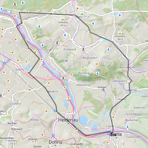 Map miniature of "Exploring the Elbe Valley by Road" cycling inspiration in Dresden, Germany. Generated by Tarmacs.app cycling route planner