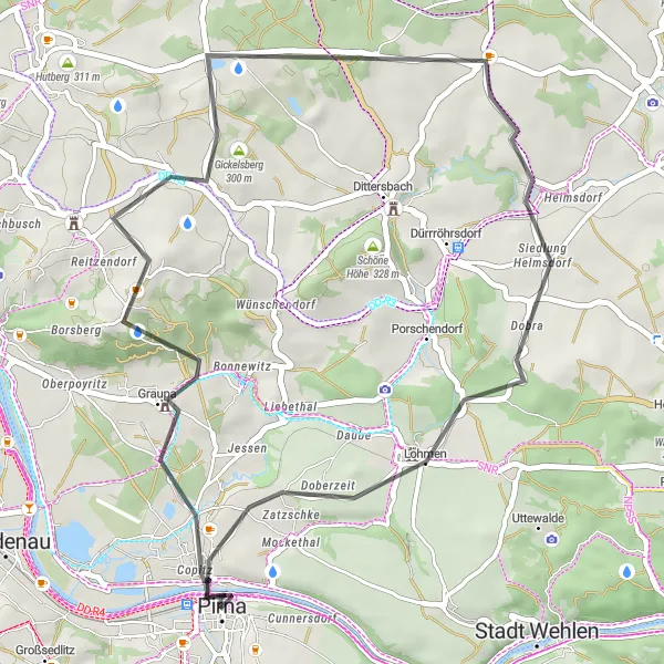 Map miniature of "Pirna and its Surroundings" cycling inspiration in Dresden, Germany. Generated by Tarmacs.app cycling route planner