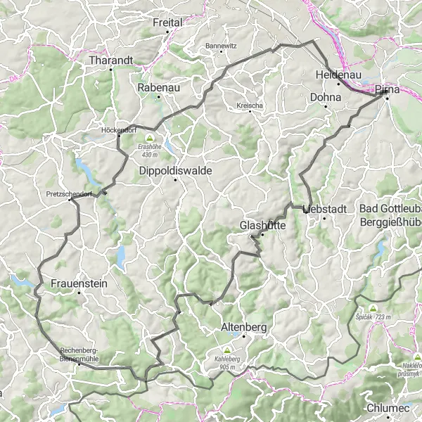 Map miniature of "Through the Eastern Ore Mountains" cycling inspiration in Dresden, Germany. Generated by Tarmacs.app cycling route planner