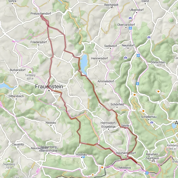 Karten-Miniaturansicht der Radinspiration "Abenteuerliche 49 km Gravel-Tour um Pretzschendorf" in Dresden, Germany. Erstellt vom Tarmacs.app-Routenplaner für Radtouren