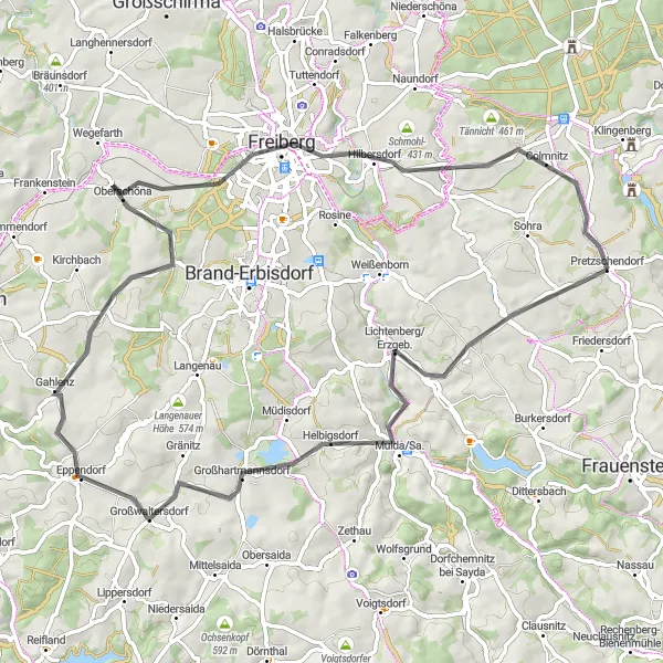 Map miniature of "The Ore Mountains Loop" cycling inspiration in Dresden, Germany. Generated by Tarmacs.app cycling route planner