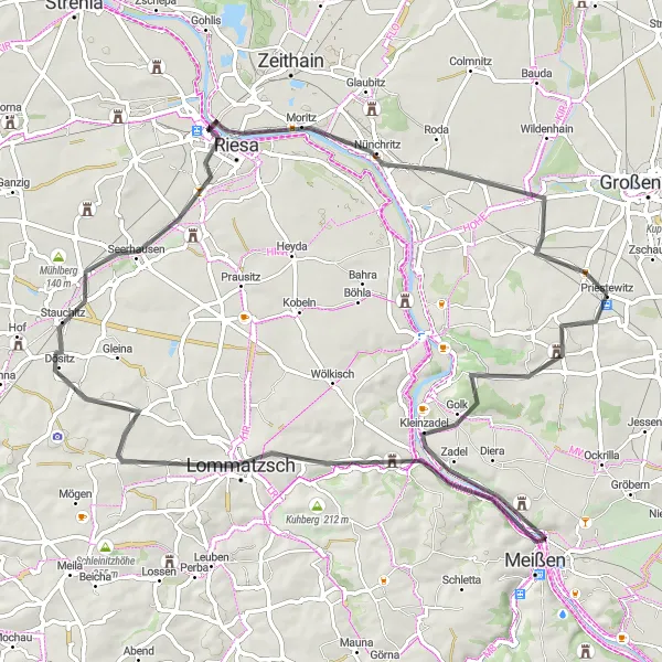 Map miniature of "Priestewitz-Riesa Scenic Tour" cycling inspiration in Dresden, Germany. Generated by Tarmacs.app cycling route planner