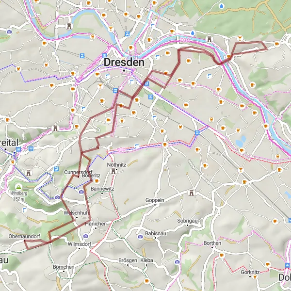 Map miniature of "Tranquil Gravel Escape" cycling inspiration in Dresden, Germany. Generated by Tarmacs.app cycling route planner