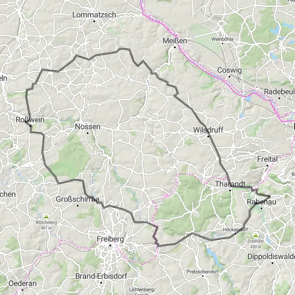 Karten-Miniaturansicht der Radinspiration "Rabenau - Große Runde über Marbachhöhe und Eulitz" in Dresden, Germany. Erstellt vom Tarmacs.app-Routenplaner für Radtouren