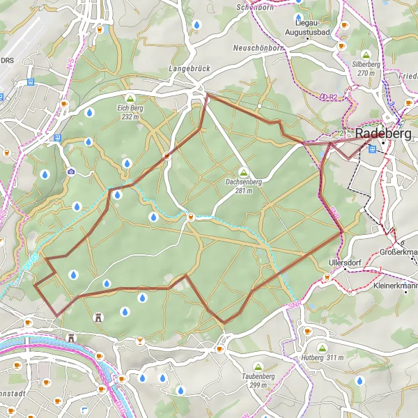 Map miniature of "Scenic Gravel Ride to Radeberger Exportbierbrauerei" cycling inspiration in Dresden, Germany. Generated by Tarmacs.app cycling route planner