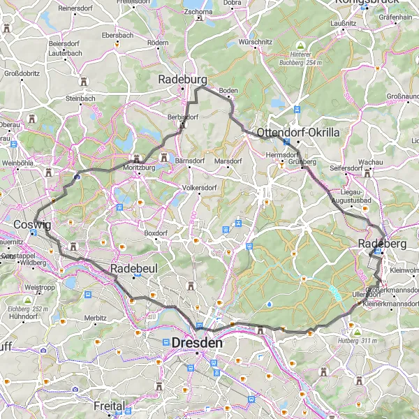 Map miniature of "Ullersdorf Loop" cycling inspiration in Dresden, Germany. Generated by Tarmacs.app cycling route planner