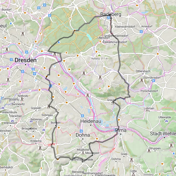 Map miniature of "Challenging Road Tour with Cultural Highlights" cycling inspiration in Dresden, Germany. Generated by Tarmacs.app cycling route planner