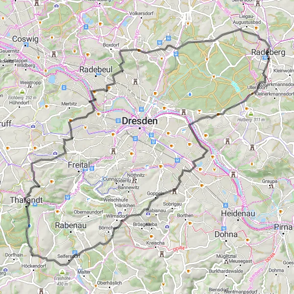 Map miniature of "Rundteil Road Adventure" cycling inspiration in Dresden, Germany. Generated by Tarmacs.app cycling route planner