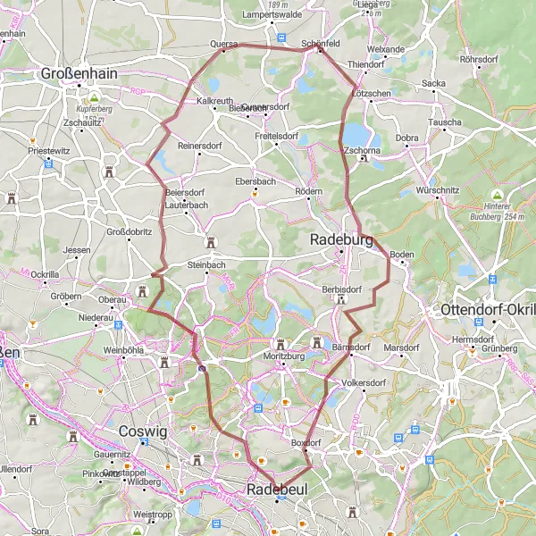 Map miniature of "Exploring Radebeul's Gravel Trails" cycling inspiration in Dresden, Germany. Generated by Tarmacs.app cycling route planner