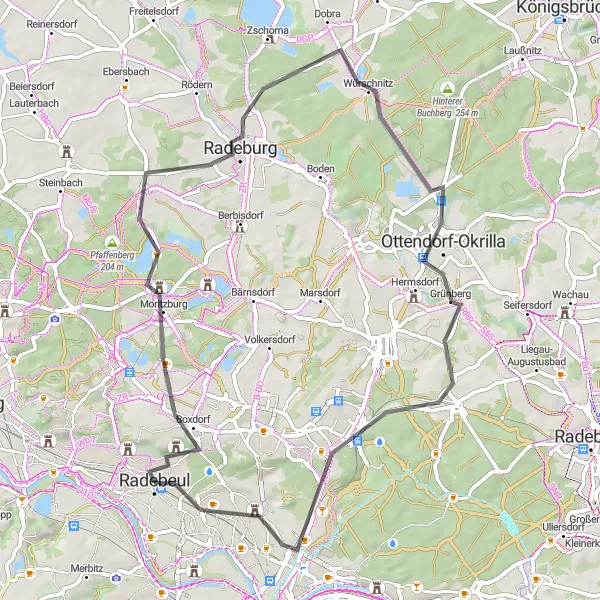 Map miniature of "Moritzburg and Beyond: A Scenic Road Cycling Adventure from Radebeul" cycling inspiration in Dresden, Germany. Generated by Tarmacs.app cycling route planner