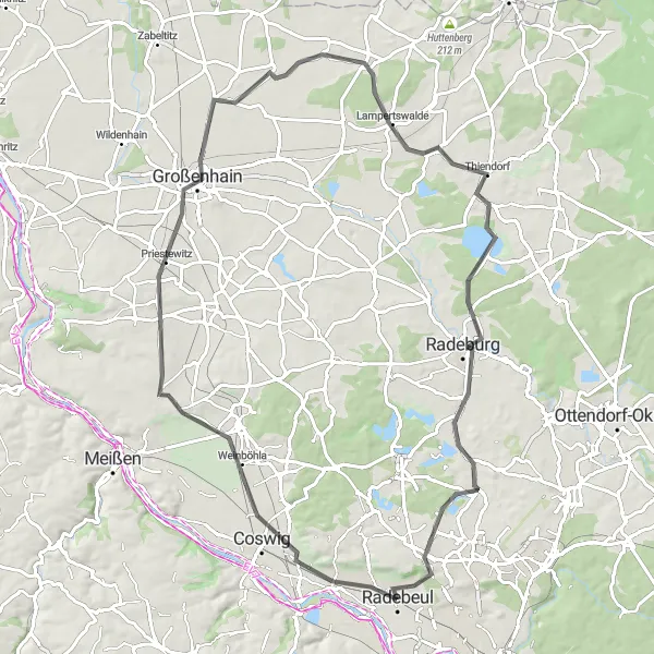 Map miniature of "Road Cycling Adventure in the Surroundings of Radebeul" cycling inspiration in Dresden, Germany. Generated by Tarmacs.app cycling route planner