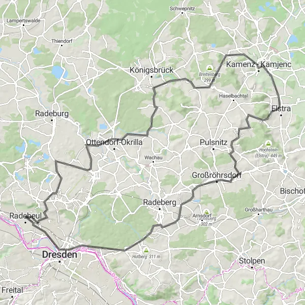 Map miniature of "Epic Road Cycling Tour to Famous Landmarks near Radebeul" cycling inspiration in Dresden, Germany. Generated by Tarmacs.app cycling route planner