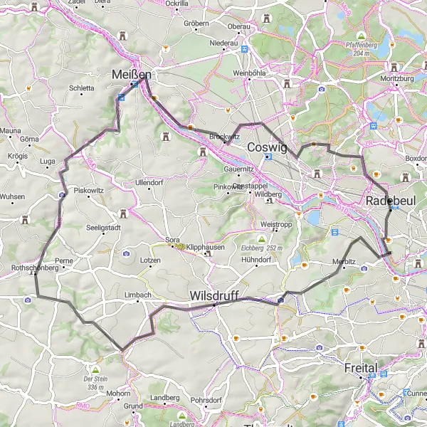 Map miniature of "A Journey through Radebeul and its Surrounding Gems" cycling inspiration in Dresden, Germany. Generated by Tarmacs.app cycling route planner