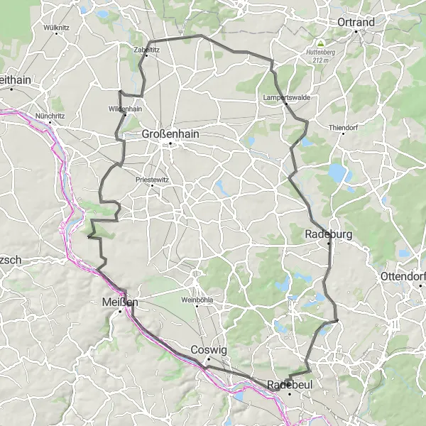 Map miniature of "Road Cycling Adventure Around Radebeul" cycling inspiration in Dresden, Germany. Generated by Tarmacs.app cycling route planner