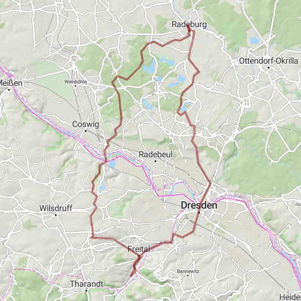 Map miniature of "Exploring Nature and History by Gravel" cycling inspiration in Dresden, Germany. Generated by Tarmacs.app cycling route planner